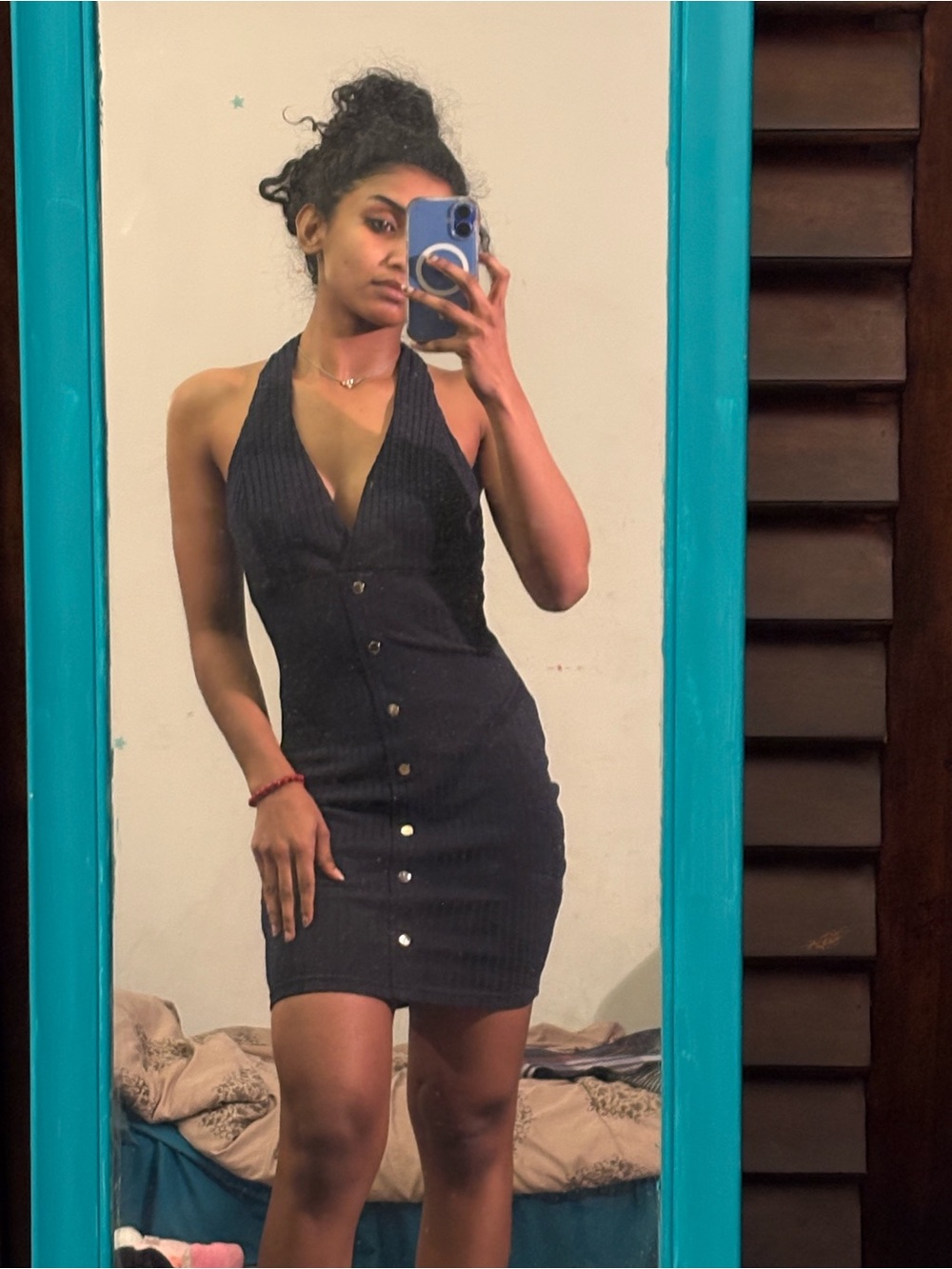 Sleeveless Black Halter-Front Mini Dress with Button Detail
